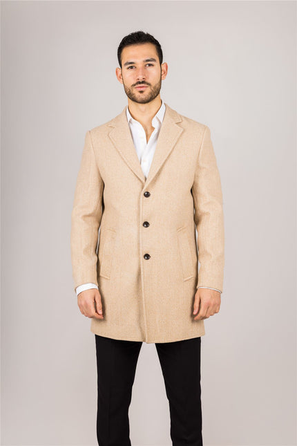 Men's Notched Lapel Collar Wool Blend Beige Overcoat