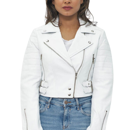 Womens Cropped Brando Leather Biker Jacket-Damascus