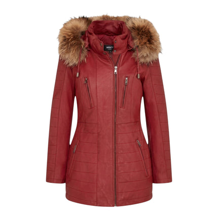 Womens Red Slim Fit Leather Hooded Parka Jacket-Northam