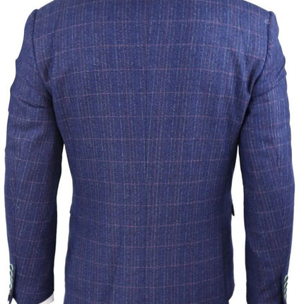 Mens 3 Piece Blue Herringbone Check Vintage Classic Suit