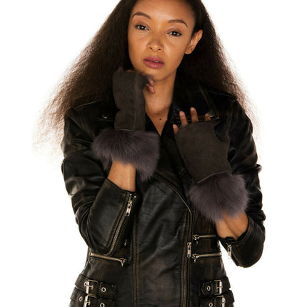 Womens Shearling  Mittens Fingerless Cuffs Toscana Suede Sheepskin Fur