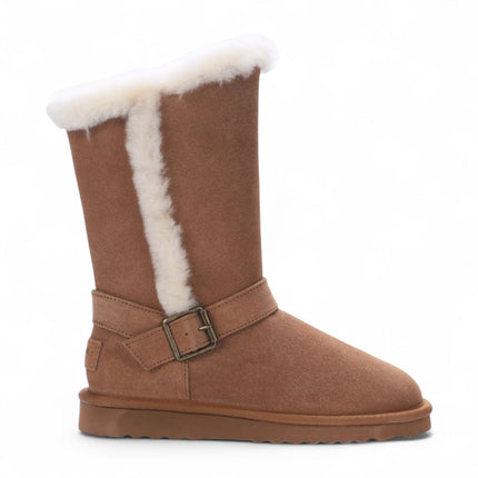 Women's Genuine Sheepskin Tan Brown Suede Calf Winter Warm Boots - Redwood