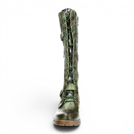 Laura Vita Women's Victorian Floral Green Leather High Lace-Up Long Boots - Cocrailo-82