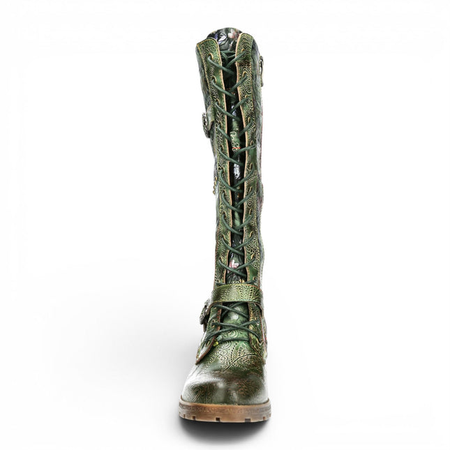 Laura Vita Women's Victorian Floral Green Leather High Lace-Up Long Boots - Cocrailo-82