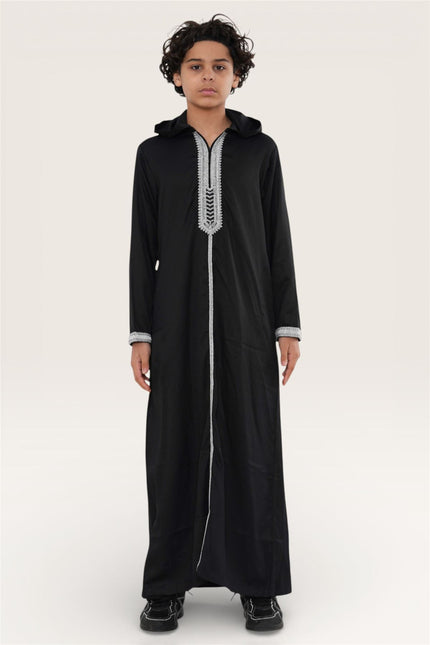 Kids Boys Black Eid Hooded Moroccan Thobe Robe Djellaba Ramadan Jubba- K-HM3