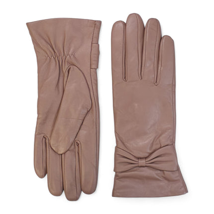Womens Nude Beige Italian Leather Winter Bow Design Soft Wool Lining Gloves - L-GLV-401