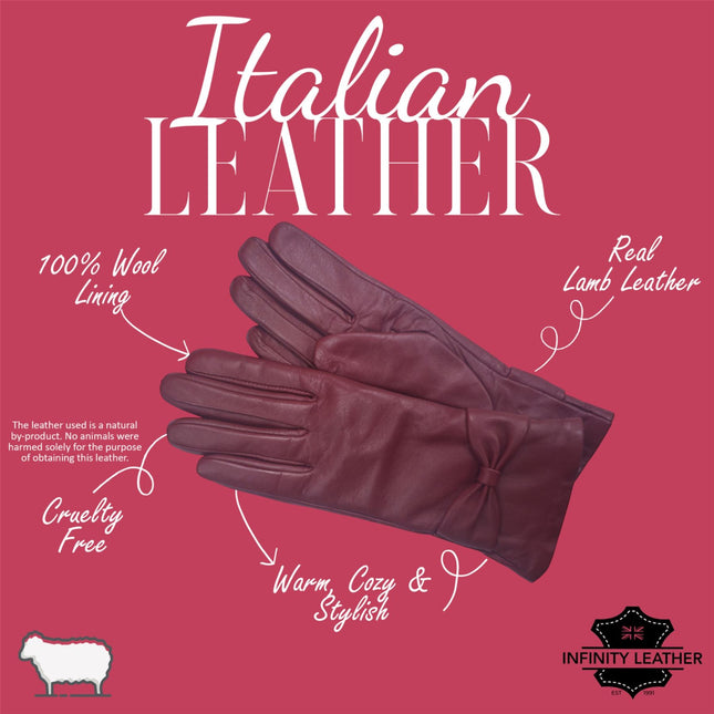 Womens Burgundy Red Italian Leather Winter Bow Design Soft Wool Lining Gloves - L-GLV-401