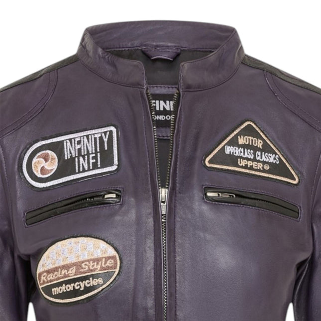 Womens Biker Racing Badges Purple Leather Jacket-Eastleigh