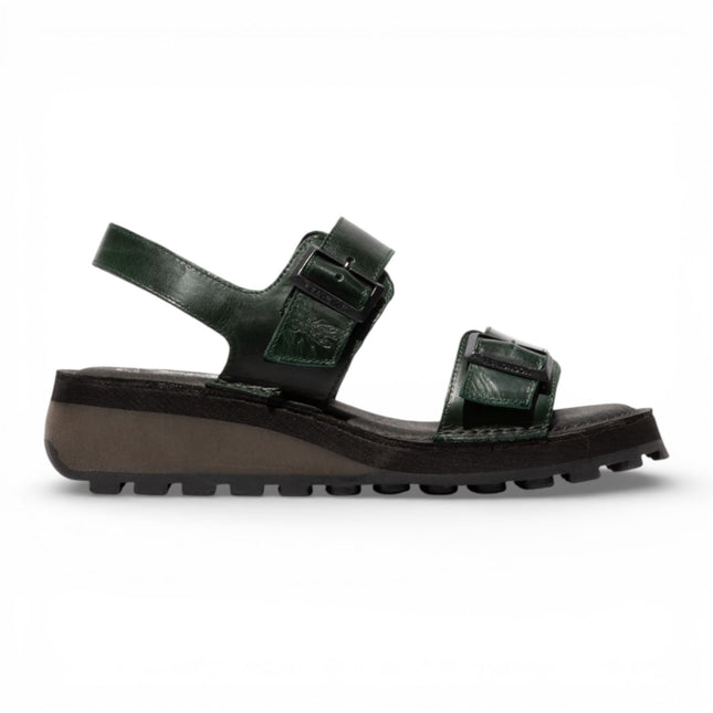 Fly London Women's HEIF558FLY Petrol Green Leather Wedge Buckle Sandals
