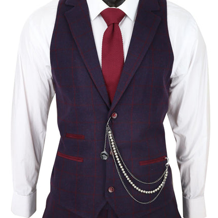 Mens 3 Piece Tweed Suit Plum Purple Check Peaky Blinders Classic 1920 Gatsby