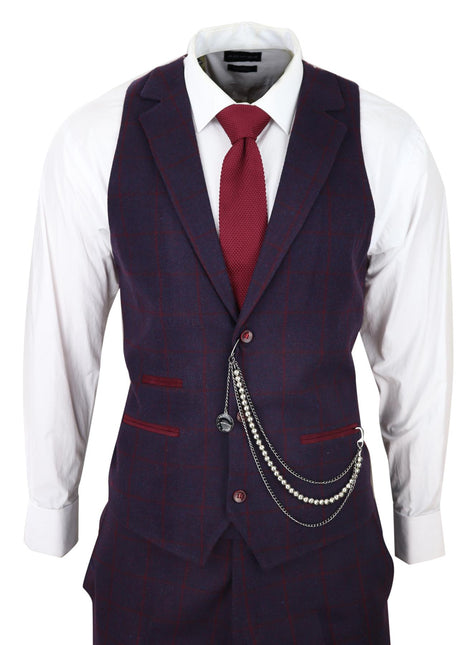 Mens 3 Piece Tweed Suit Plum Purple Check Peaky Blinders Classic 1920 Gatsby