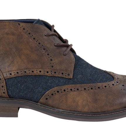 Mens Classic Tweed Oxford Brogue Ankle Boots In Brown Leather