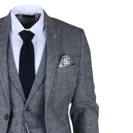 Men's Light Blue Grey Check Tweed 3-Piece Suit Vintage Pattern Tailored Fit Woollen Suit