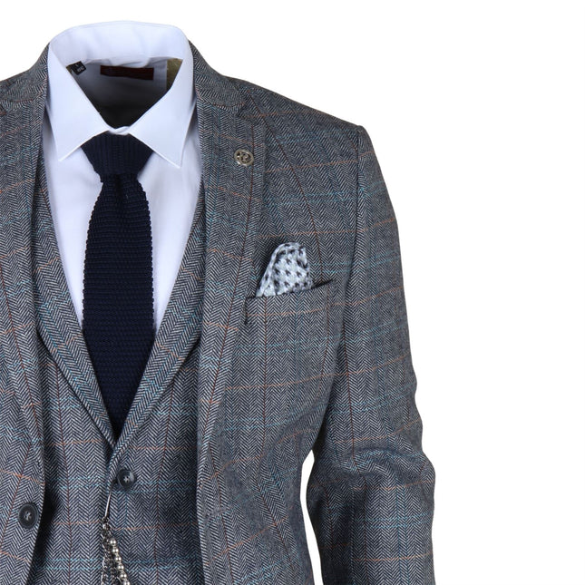 Men's Light Blue Grey Check Tweed 3-Piece Suit Vintage Pattern Tailored Fit Woollen Suit