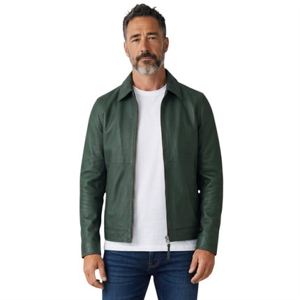 Mens Leather Green Harrington Collar Biker Jacket - Alpha