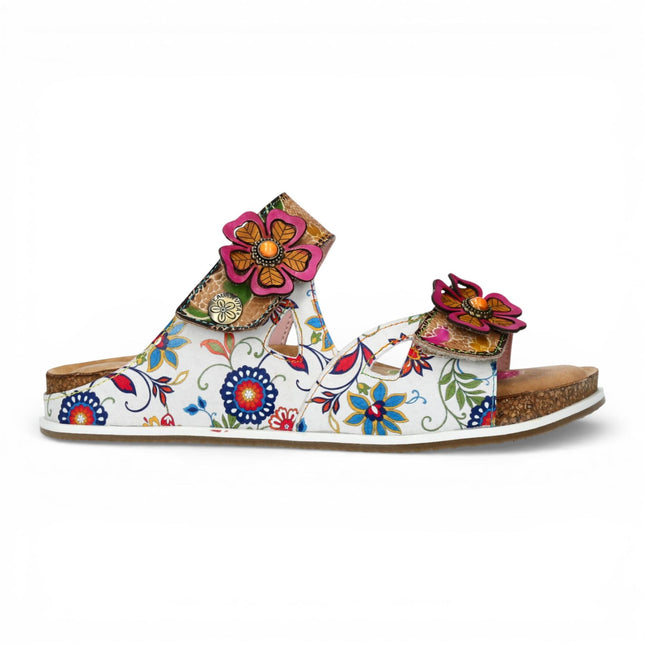 Laura Vita Women's Brcyano 32 White Floral Leather Strappy Slipper Sandals