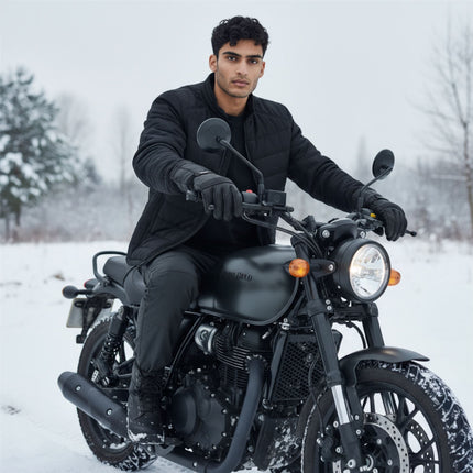 Men's Thermal Motorbike Black Leather Waterproof Biker Protection Gloves