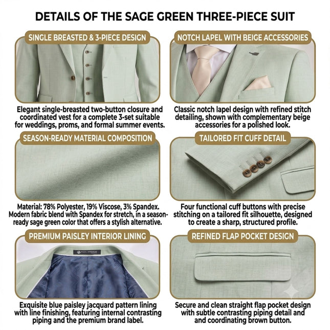 Men's Sage Green 3 Piece Tailored Fit Formal Suit - Belmont