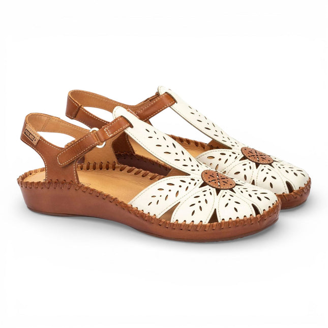 Pikolinos Women’s Tan Cream Leather Cushioned Wedge Sandal Shoes - P-Vallarta