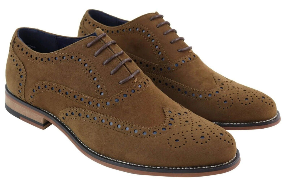 Mens Classic Oxford Brogue Shoes In Tan/Navy Suede