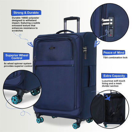 Soft Shell Blue 1680D Polyester Suitcase Set 8 Wheel TSA Lock Luggage