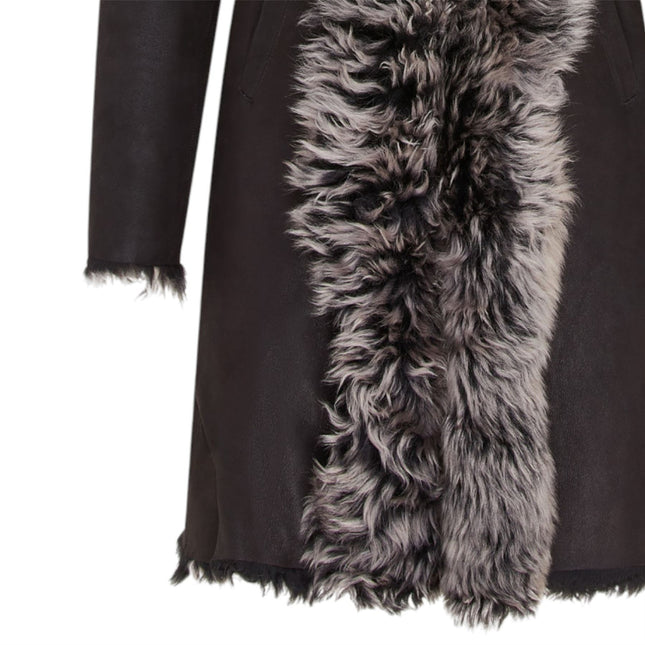 Womens Black Toscana Sheepskin Leather Hooded Trench Coat - Coast