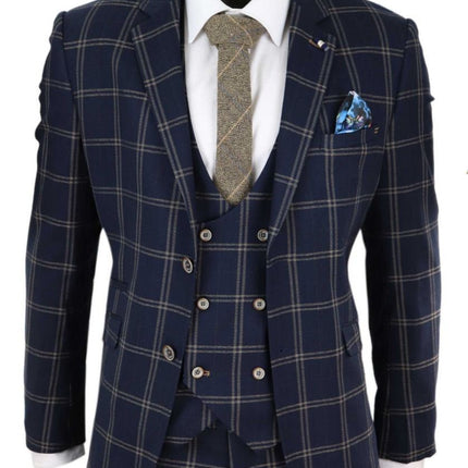 Mens 3 Piece Navy Blue And Tan Check Tweed Retro Classic Suit