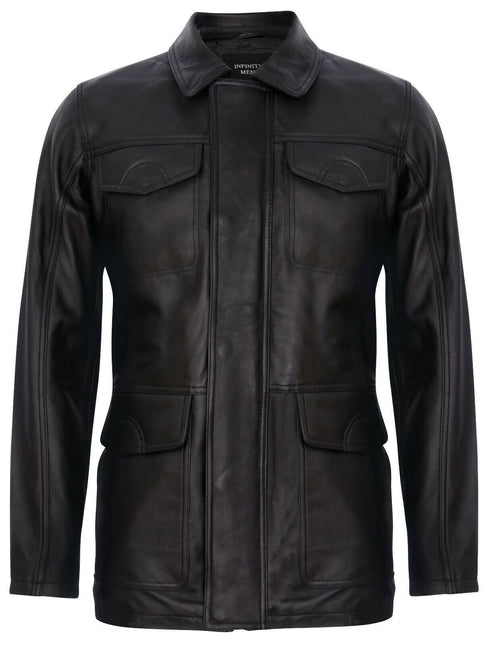 Mens Black Leather Safari Jacket-Porto
