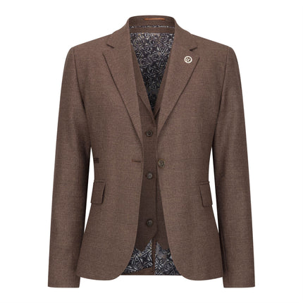 Women's Brown Three-Piece Tailored Fit Suit in Prince of Wales Check