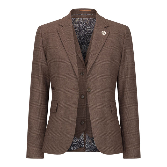 Women's Brown Three-Piece Tailored Fit Suit in Prince of Wales Check