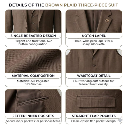 Women's Brown Three Piece Check Tailored Tweed Suit - TPW50
