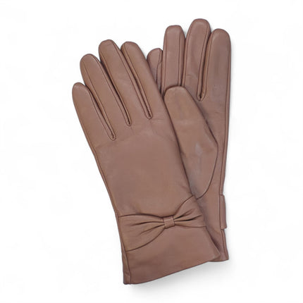 Womens Nude Beige Italian Leather Winter Bow Design Soft Wool Lining Gloves - L-GLV-401