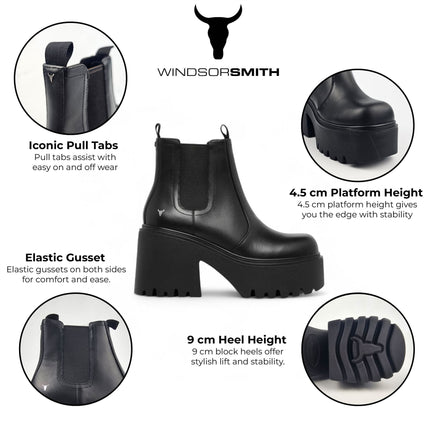 Windsorsmith Womens Black Leather Platform Ankle Chelsea Boots - Tricky