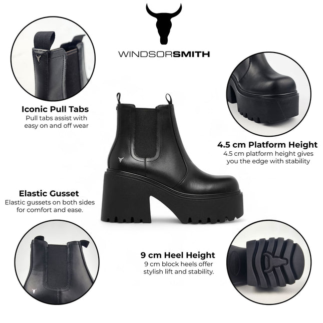 Windsorsmith Womens Black Leather Platform Ankle Chelsea Boots - Tricky
