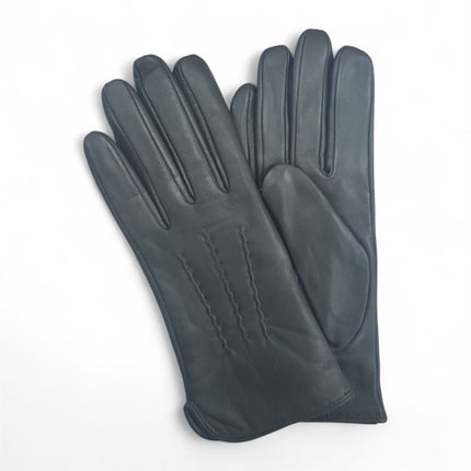 Womens Olive Green Italian Leather Winter Stitch Line Design Soft Wool Lining Gloves - L-GLV-301