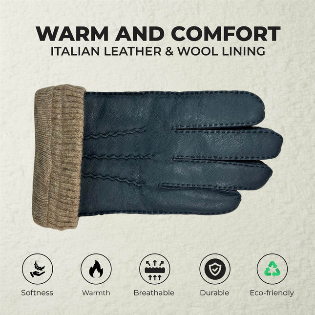 Men’s Olive Green Italian Leather Warm Wool-Lined Winter Gloves - M-LGV-505