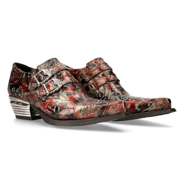 New Rock Embossed Black/Red Leather Buckled Shoes -7960-S5