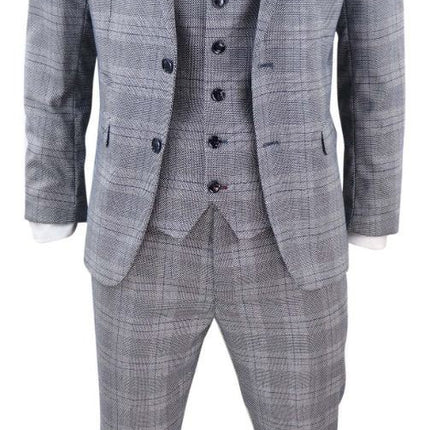 Mens 3 Piece Grey Birdseye Check Classic Suit