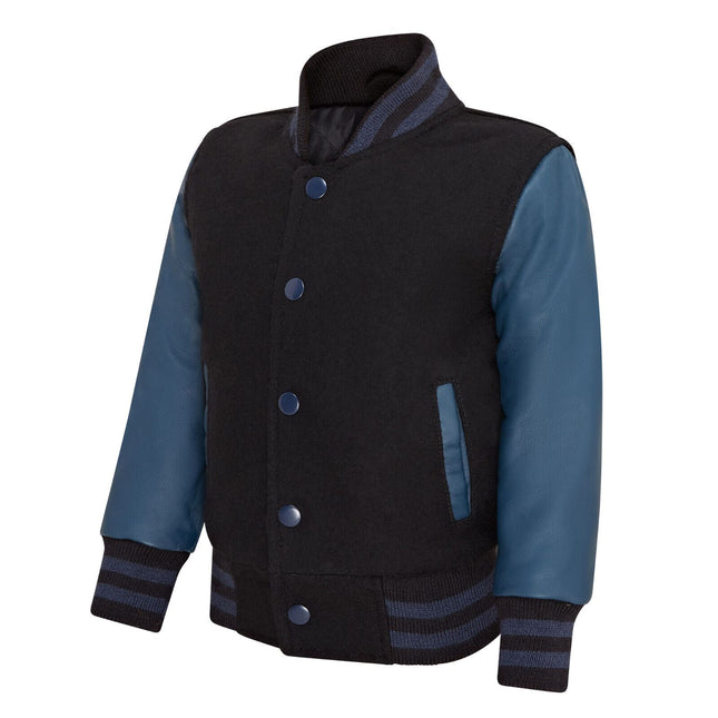 Kids Wool Varsity Black Bomber Jacket with Real Leather Sleeves