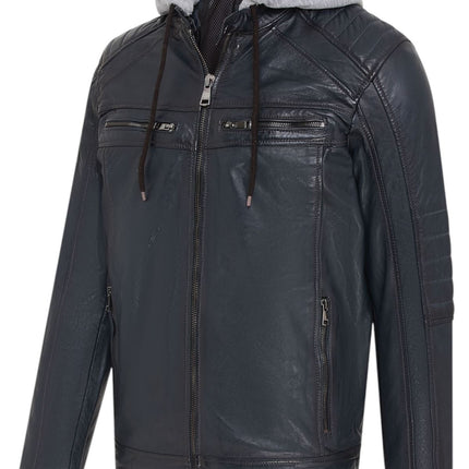 Men's Hooded Biker Lamb Leather Jacket - Burten