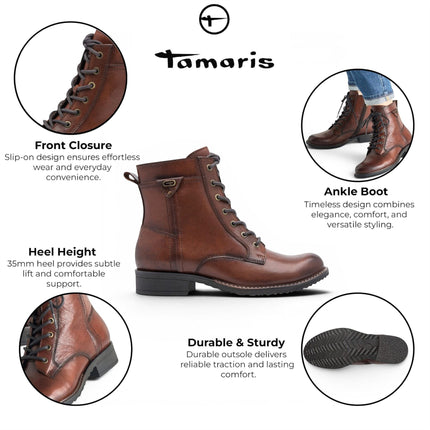 Tamaris Women's Brown Leather Lace-Up Combat Boots - 25224-47