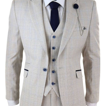 Mens 3 Piece Cream Check Tweed Herringbone Vintage Classic Suit