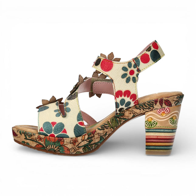 Laura Vita Women's Nellao 33 Beige Floral Leather Wedge Heel Espadrille Sandals