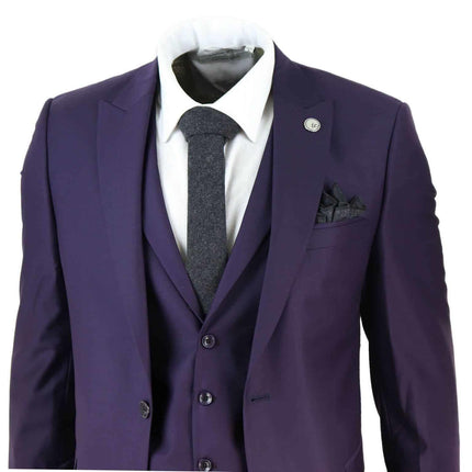 New Mens 3 Piece Suit Plain Purple Classic Tailored Fit Smart Casual 1920s Formal