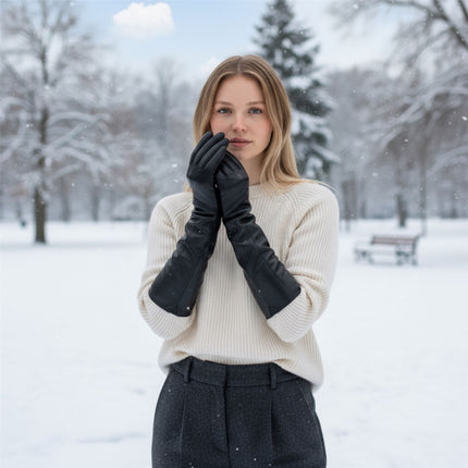 Womens Long Black Italian Leather Winter Soft Wool Lining Gloves