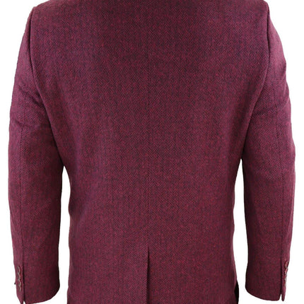 Mens 3 Piece Wine Herringbone Wool Tweed Retro Suit
