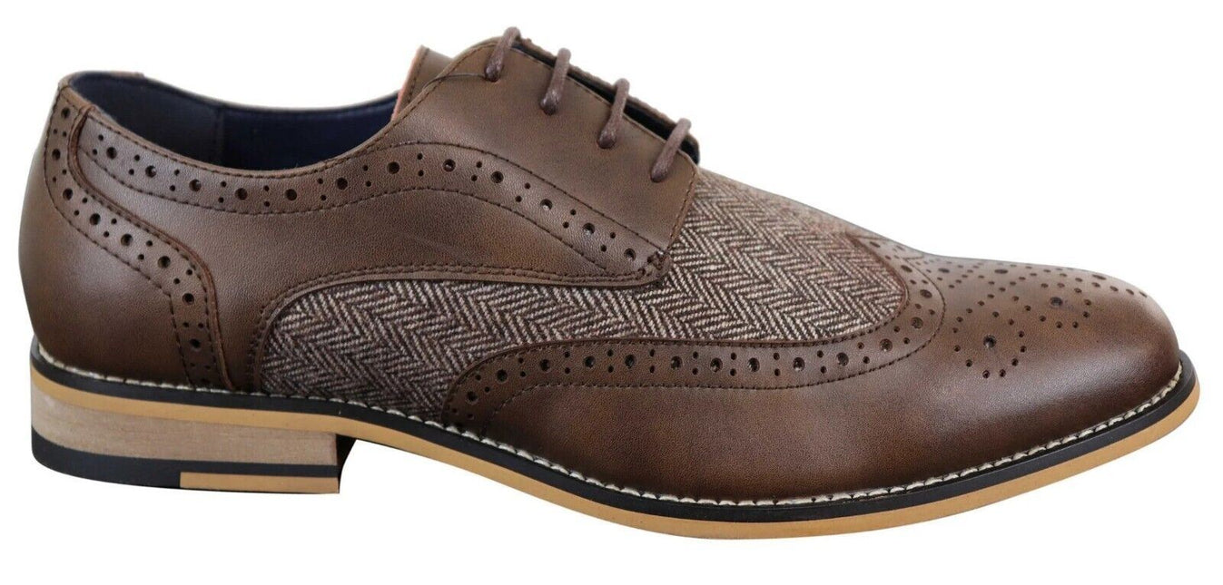 Mens Classic Oxford Tweed Brogue Shoes In Brown Leather