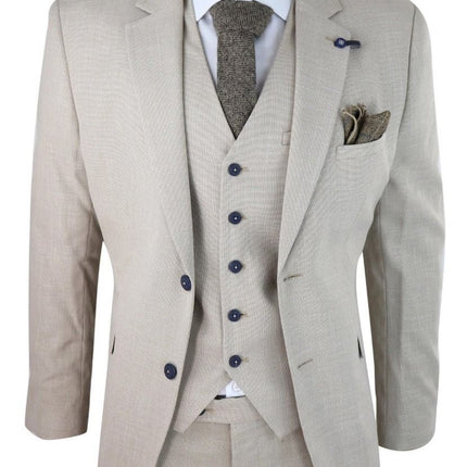 Mens 3 Piece Cream Linen Summer Spring Classic Suit