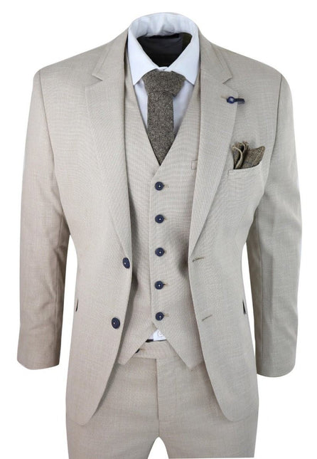 Mens 3 Piece Cream Linen Summer Spring Classic Suit