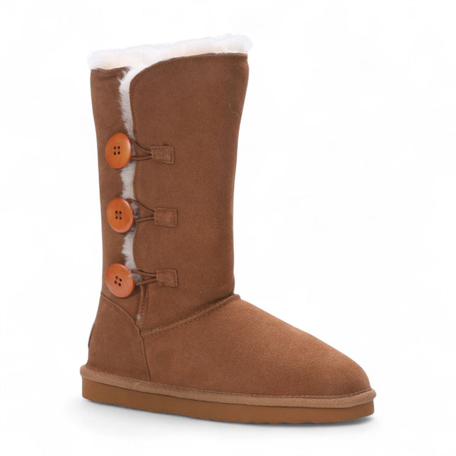 Women's Sheepskin Suede Tan Button Warm Winter Calf Boots - Willow
